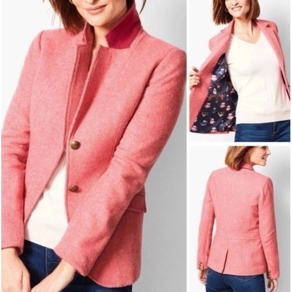 Talbots Womens Aberdeen Wool Blazer Pink Herringbone 10 Preppy Academia Classic